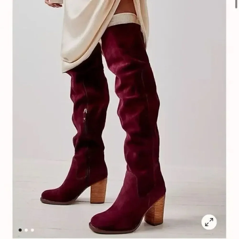 NWOB Kelsi Dagger Logan Over-The-Knee Burgundy Wine Suede Boots US 9